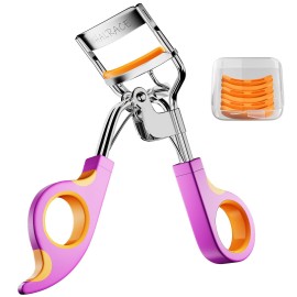 Eye Lash Curler with 6 Extra Replacement Pads, Whalrce Great Curling Effect Premium Lash Curler, Comfortable to Grip -Orange Purple Silver