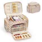 Large Makeup Bag, Portable Travel Makeup Bag Organizer for Women Girls with Makeup Brush Compartment & Two Side Pockets, Cosmetic Travel Bag Vertical Storage Toiletry- Checkerboard