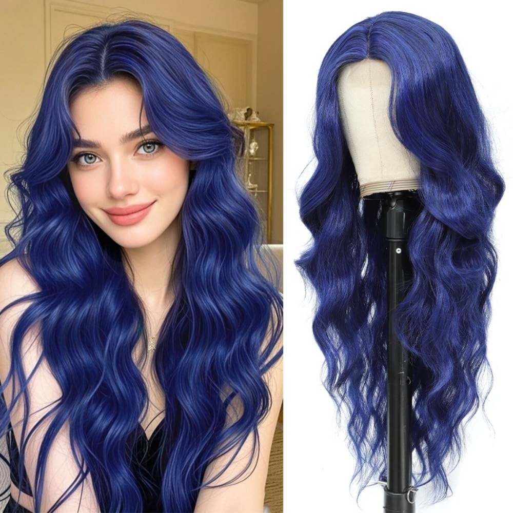 HMHIFI Blue Mixed Black Wigs for Women Long Wavy Blue Wig Natural Middle Part Synthetic Curly Hair Heat Resistant Fiber Hair Replacement Wigs for Daily Party