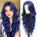 HMHIFI Blue Mixed Black Wigs for Women Long Wavy Blue Wig Natural Middle Part Synthetic Curly Hair Heat Resistant Fiber Hair Replacement Wigs for Daily Party