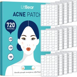 LitBear Pimple Patch Bulk, 720 Patches 3 Size Acne Patches for Face, Hydrocolloid Spot Stickers for Covering Zits, Blemishes, and Breakouts, Suitable for All Skin Types