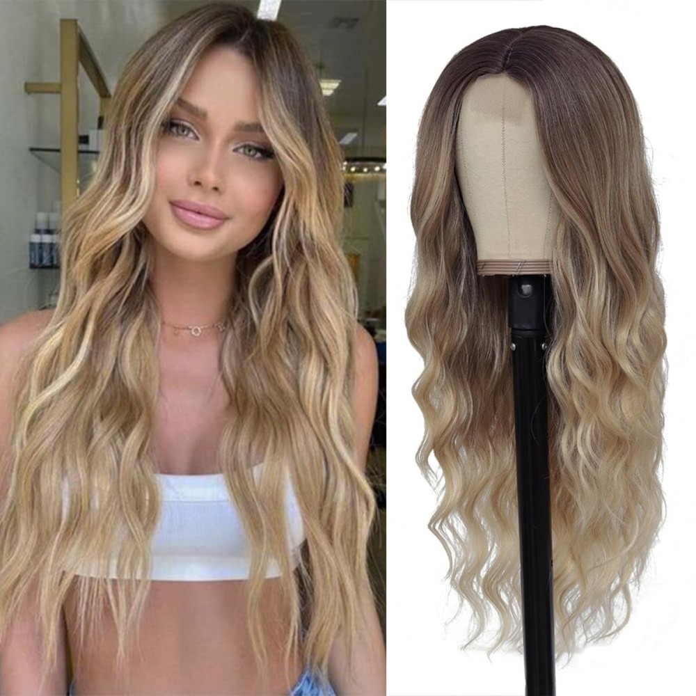 HMHIFI Long Ombre Blonde Highlights Wig for Women 26 inch 4x1 Lace Hairline Wigs Upgraded Protein Fiber Natural Looking Hair Replacement Wig Cosplay Costume Halloween Wig