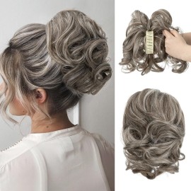 CJL HAIR Claw Clip Short Ponytail Hair Extensions DIY Bendable Metals Messy Bun Hair Piece for Wonen Wavy Curly Synthetic Fake Hairpieces Ash Grey
