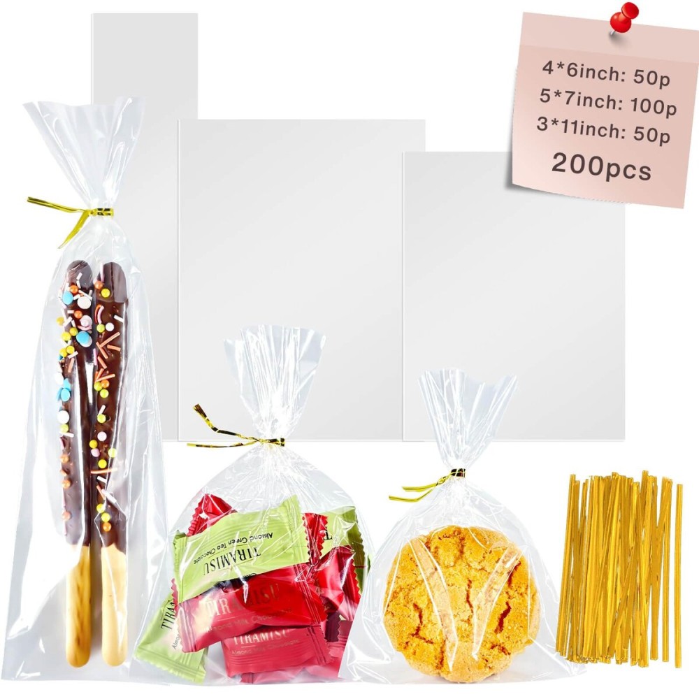 Cherodada 200Pcs Cellophane Treat Bags with 4x6,5x7,3x11, Twist Ties for Gift Wrapping, Wrapping Candies, Cookies, Chocolates, Popcorn