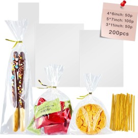 Cherodada 200Pcs Cellophane Treat Bags with 4x6,5x7,3x11, Twist Ties for Gift Wrapping, Wrapping Candies, Cookies, Chocolates, Popcorn