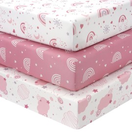 FIEMOL Baby Mini Crib Sheets Girl, Portable 38x26 Pack and Play Sheets Fitted for Playard and Pack N Play Mattress, 3-Pack Soft Microfiber Pink Rainbow