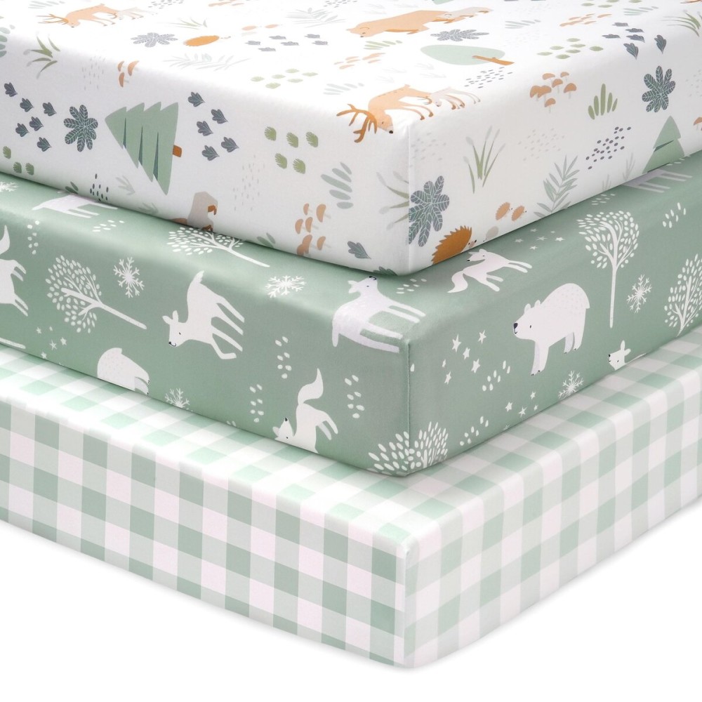 FIEMOL Baby Mini Crib Sheets Boy, Portable 38x26 Pack and Play Sheets Fitted for Playard and Pack N Play Mattress, 3-Pack Soft Microfiber Green Forest Bear