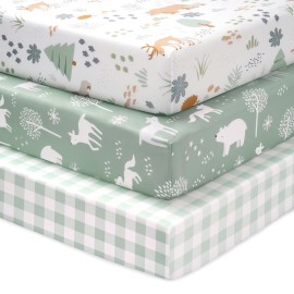 FIEMOL Baby Mini Crib Sheets Boy, Portable 38x26 Pack and Play Sheets Fitted for Playard and Pack N Play Mattress, 3-Pack Soft Microfiber Green Forest Bear