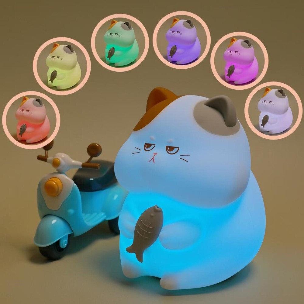 FAMIDUO Greedy Cat Night Light for Kids, 3 Levels Dimmable Cute Kitty Nursery Nightlight with Touch Color Change, Squishy Silicone Rechargeable Bedside Lamp for Baby/Pregnant Mom/Elderly/Adults
