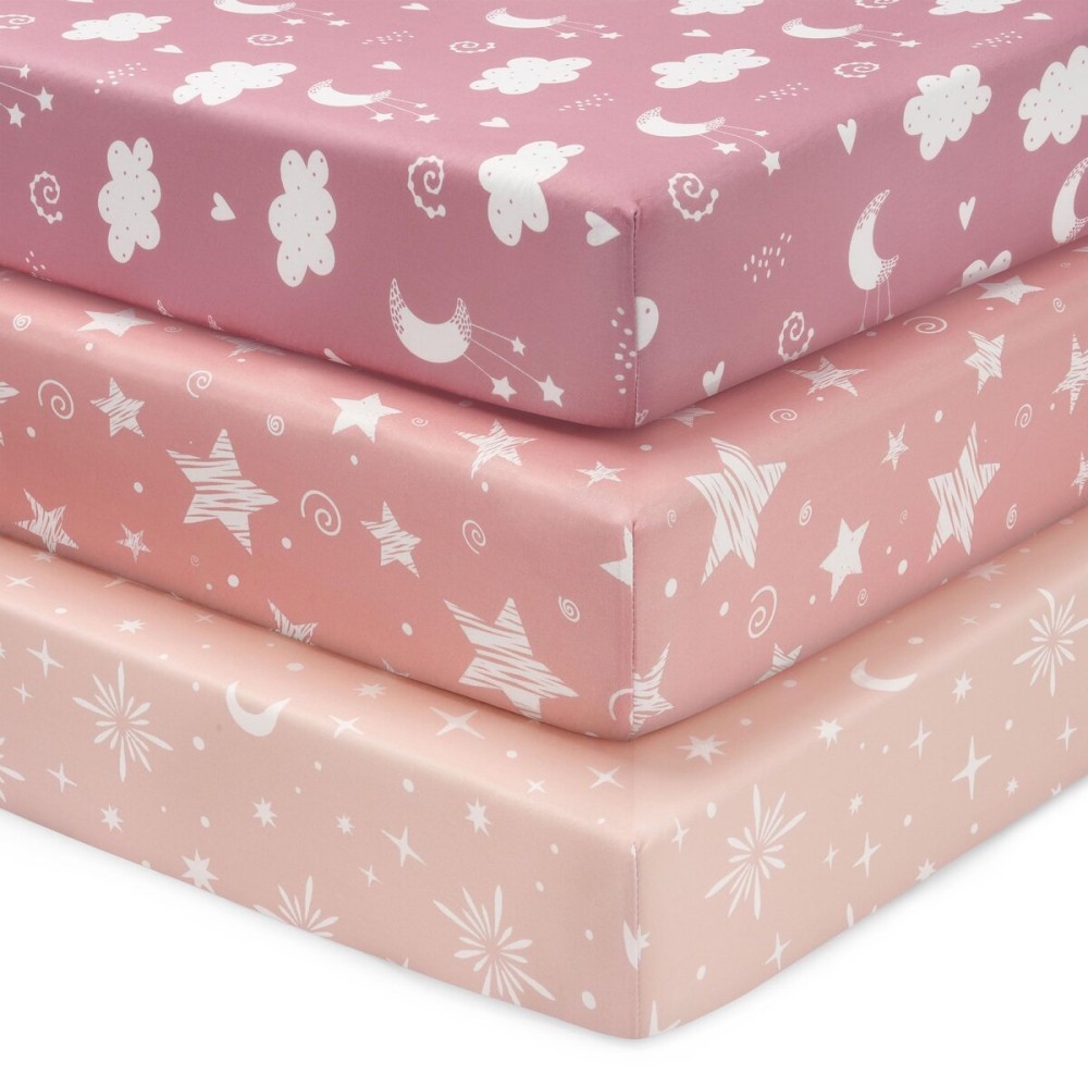 FIEMOL Baby Mini Crib Sheets Girl, Portable 38x26 Pack and Play Sheets Fitted for Playard and Pack N Play Mattress, 3-Pack Soft Microfiber Pink Stars