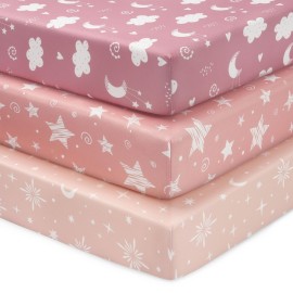 FIEMOL Baby Mini Crib Sheets Girl, Portable 38x26 Pack and Play Sheets Fitted for Playard and Pack N Play Mattress, 3-Pack Soft Microfiber Pink Stars