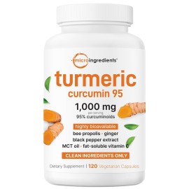 Pure Turmeric Curcumin Supplement 1,000mg | 95% Curcuminoids | 120 Veggie Capsules with Bee Propolis, Ginger, MCT Oil, Fat Soluble Vitamin C, & Black Pepper for Better Absorption | Filler Free