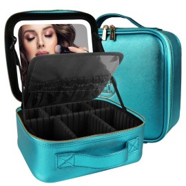 MOMIRA Travel Makeup Bag Cosmetic Bag Makeup Organizer Bag with Lighted Mirror, Adjustable Brightness in 3 Color Scenarios, Waterproof Makeup Train Case, Gift for Women - Brilliant Blue