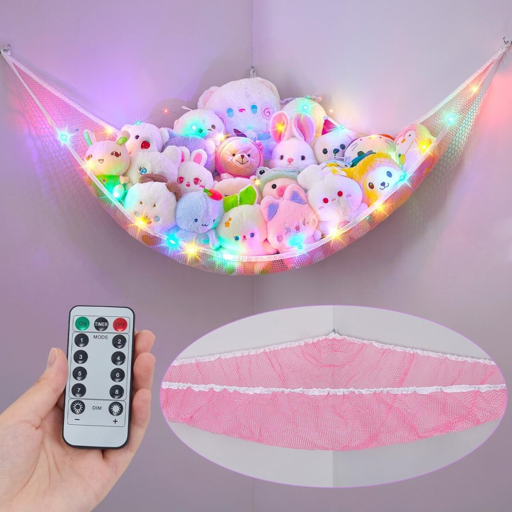Unicorn Castle Stuffed Animals Net Hammock Kids Toy Storage with LED Light Plush Toy Organizer Corner Hanging Stuffed Animals Holder For Nursery Kids Girls Room Decor