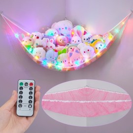 Unicorn Castle Stuffed Animals Net Hammock Kids Toy Storage with LED Light Plush Toy Organizer Corner Hanging Stuffed Animals Holder For Nursery Kids Girls Room Decor