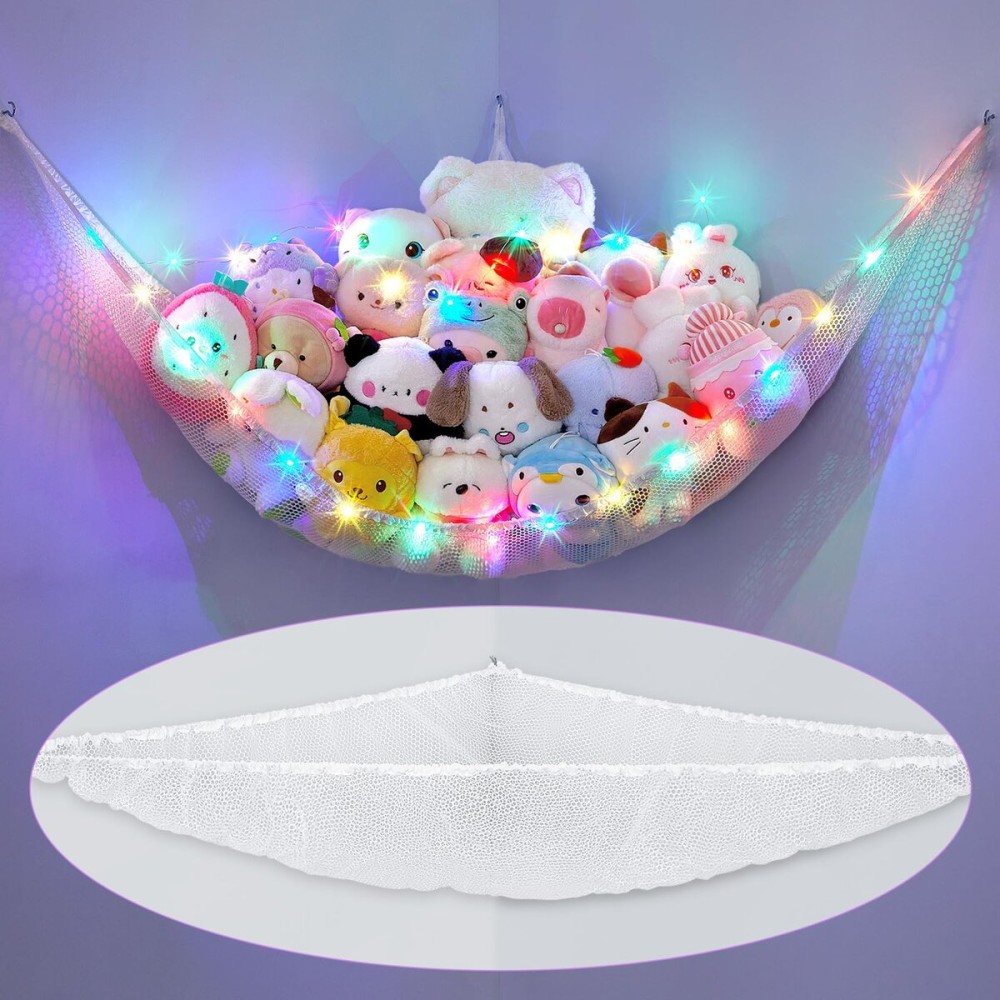 Unicorn Castle Stuffed Animals Net Hammock Kids Toy Storage with LED Light Plush Toy Organizer Corner Hanging Stuffed Animals Holder For Nursery Kids Girls Room Decor