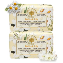 Wavertree & London Daisy & Lily Scented Natural Soap (2 Bars), 7oz Moisturizing French Triple Milled Soap Bars enriched with shea butter - Pure Plant Based Bath & Body Bars for All Skin Types