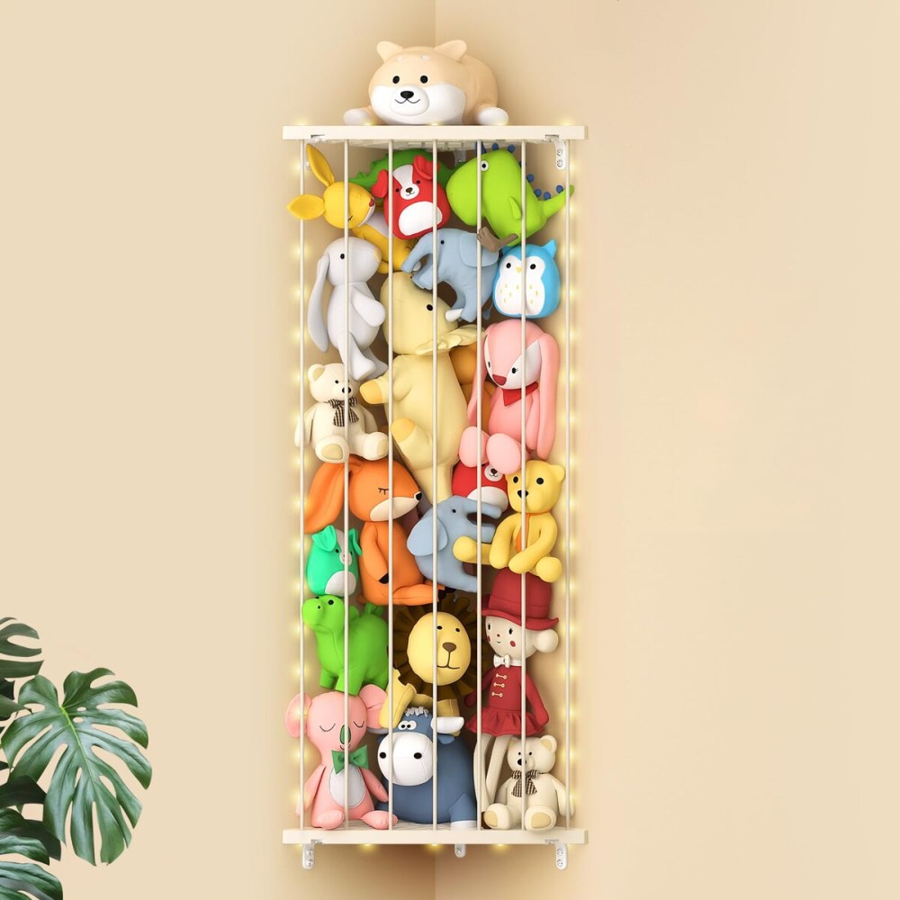 Stuffed Animal Storage Shelf Organizer(Patented) - Corner Stuffed Animal Holder Length Adjustable - Wall Plush Storage with Light for Nursery Playroom Bedroom Kids Room (Beige)