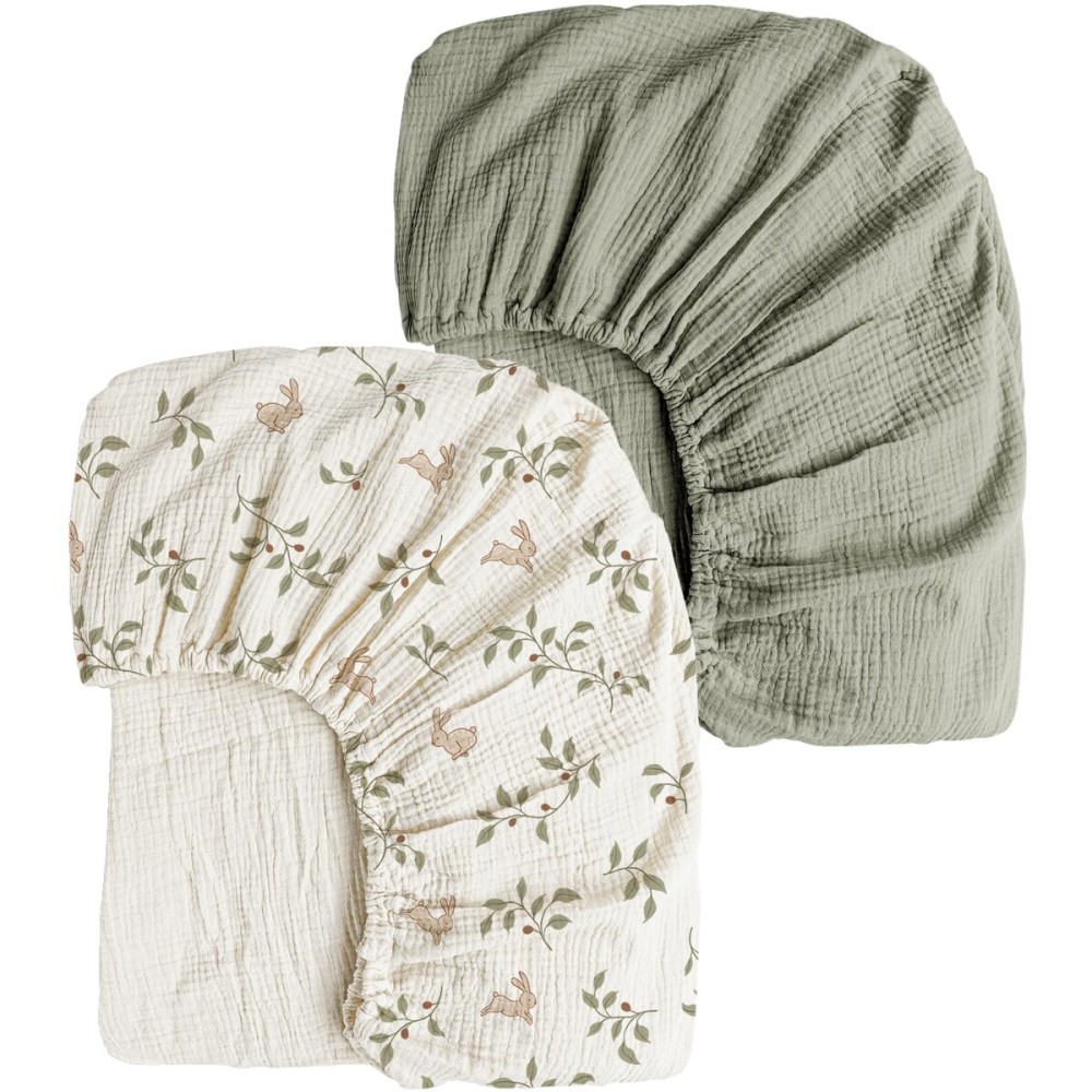 Konssy Muslin Crib Sheets 2 PCS, 100% Cotton Baby Crib Sheets for Standard Crib Mattress (28x 52), Soft and Breathable for Boys, Girls (Rabbit,Fog Green)