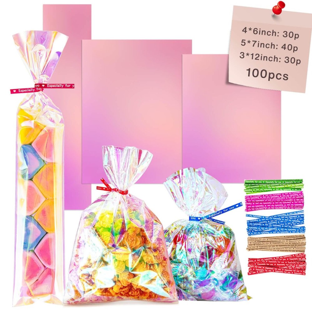 Cherodada 4x6, 5x7, 3x12 Inch Iridescent Cellophane Bags, with Twist Ties, Treat Bags for Candy Cookie Goodie Chocolates, And Popcorn