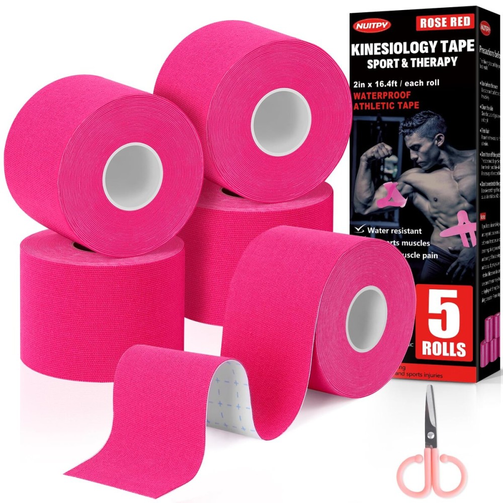 5 Rolls Kinesiology Tape, 2 inch x 16.4 Feet Waterproof Athletic Tape, Uncut Kinetic Tape, Muscle Tape, Sports Tape, Knee Tape for Exercise and Daily Use - Rose Red