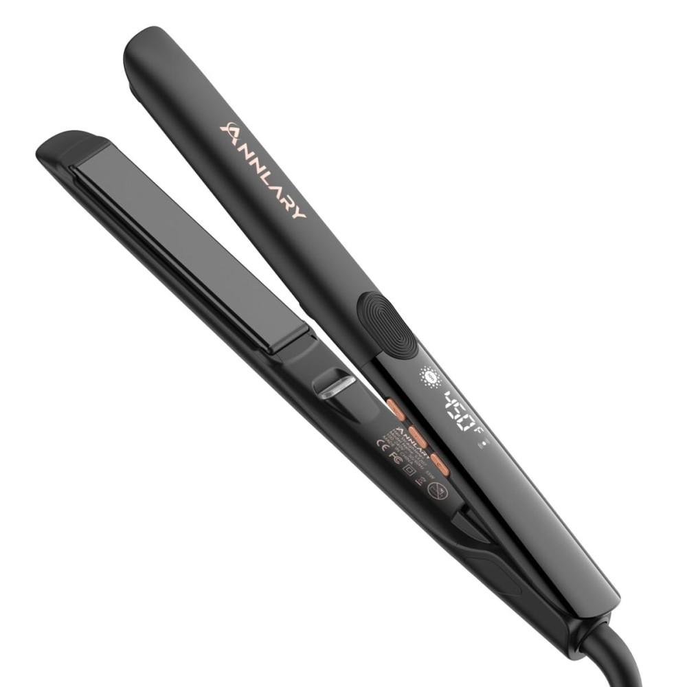 Annlary Hair Straightener 1 Inch Flat Iron and Curler 2 in 1 Titanium Ceramic Ionic Dual Voltage Straightener with Heat-Resistant Silicone, for Less Frizz, Shinier & Smoother
