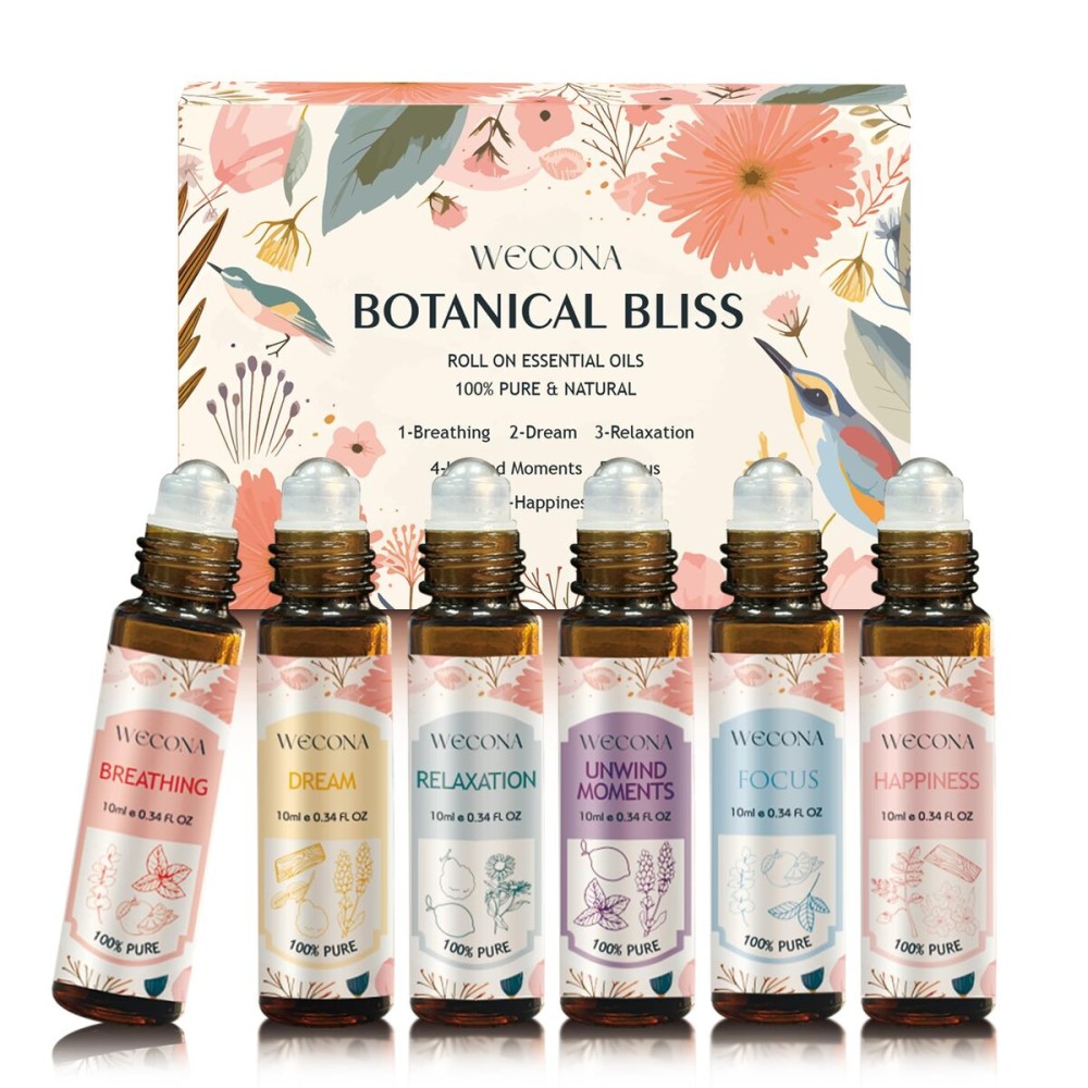 Wecona Aromatherapy Essential Oil Roll-On Set - 6x10ml Essential Oil Blends with Roller Bottles, Portable Essential Oils for Diffusers for Home,Relaxing Gift for Women & Men
