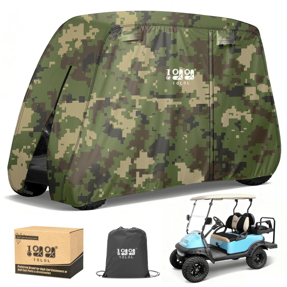 10L0L Golf Cart Cover 2/4/4+2 Passenger for Yamaha EZGO Club Car, Heavy Duty 420D Waterproof Windproof Durable Polyester Golf Cart Cover with 3 Zipper Doors for All-Weather Protection - Camouflage
