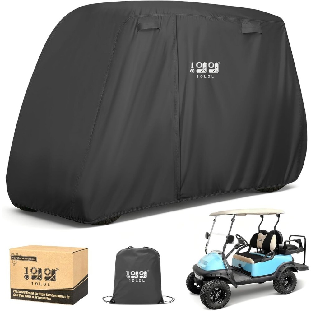 10L0L Golf Cart Cover 2/4/4+2 Passenger for Yamaha EZGO Club Car, Heavy Duty 420D Waterproof Windproof Durable Polyester Golf Cart Cover with 3 Zipper Doors for All-Weather Protection - Black