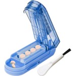 JohnBee Pill Cutter Splitter for Small and Tiny Pills. Adjustable Pill Splitter Accurately Cuts Multiple Pills at Once. Sharp Blade with Safety Guard. Non-Slip Silicone Edge (Dark Blue)