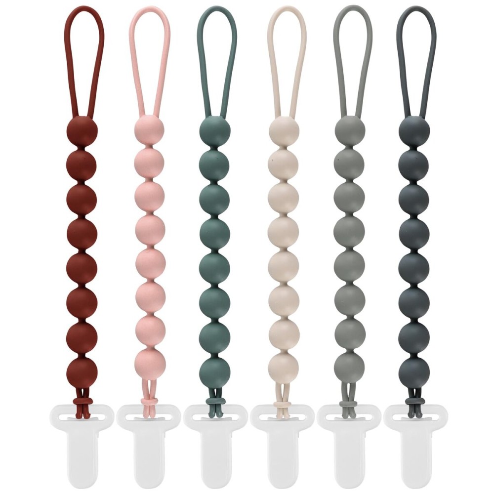 6-Pack Silicone Pacifier Clips for Babies, Safe Teething Beads, Rust-Free Holders, Baby Boy and Girl Essentials, Newborn Must-Have Accessories, BPA-Free