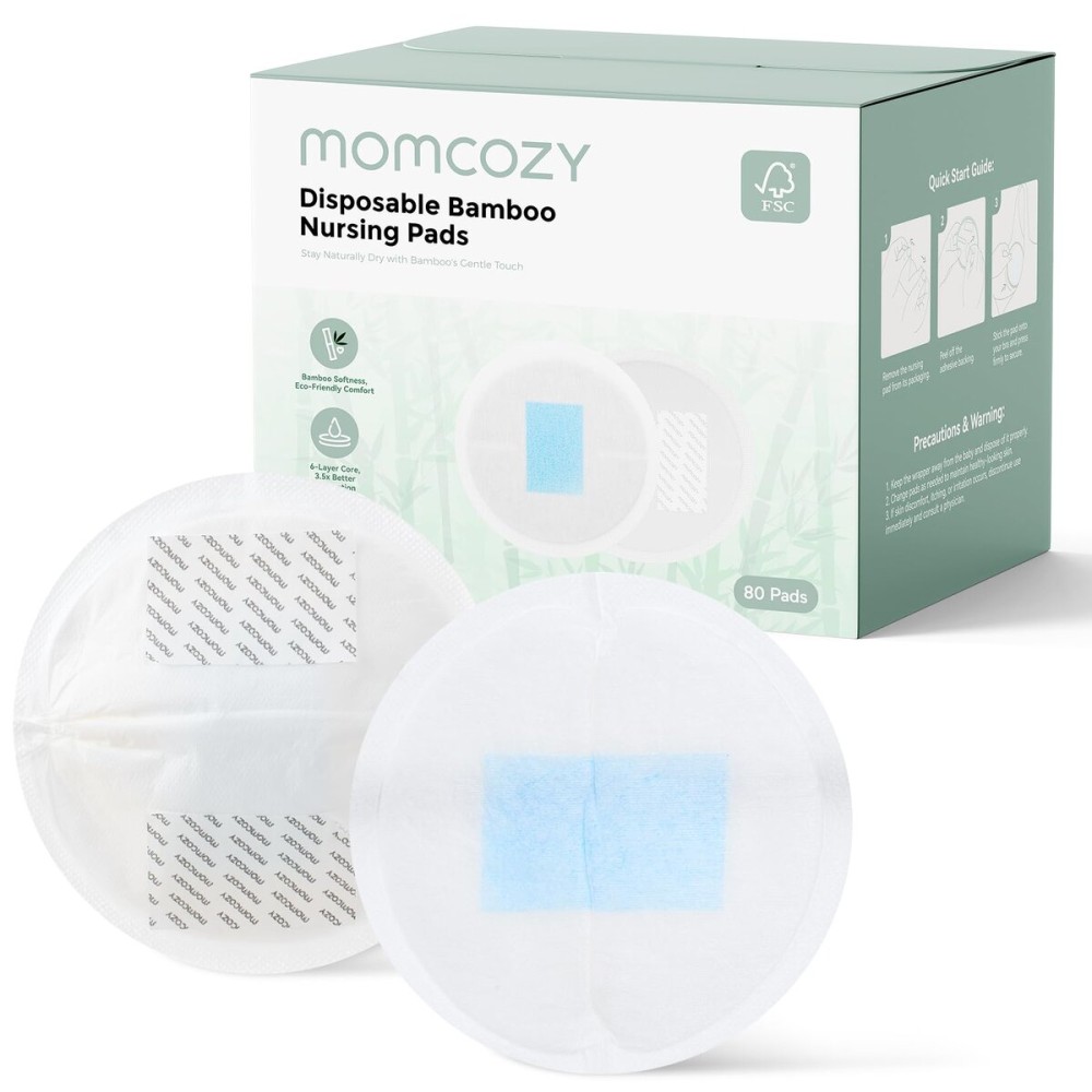 Momcozy Bamboo Disposable Nursing Pads, Advanced Blue Core for Ultra-Absorbent, Leakproof & 3D Design, Biodegradable for Sensitive Skin, Individually Wrapped, 80 Count