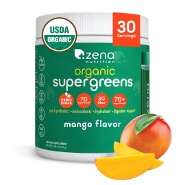 Zena Nutrition Organic Super Greens Powder, 70+ Superfoods, 0 Sugar, 3G Fiber, Spirulina, Chlorella, Mushrooms, Prebiotics/Probiotics, Digestive Enzymes for Gut Health, Mango, 30 Servings