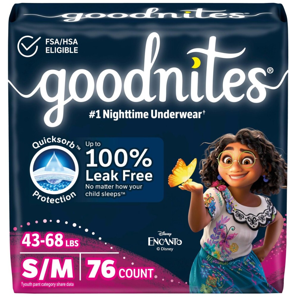 Goodnites Girls\' Bedwetting Underwear, Size S/M (43-68 lbs), 76 Ct (2 Packs of 38), Packaging May Vary