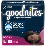 Goodnites Girls\' Nighttime Bedwetting Underwear, Size Large (68-95 lbs), 58 Ct (2 Packs of 29), Packaging May Vary