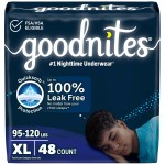 Goodnites Boys\' Nighttime Bedwetting Underwear, Size Extra Large (95-120 lbs), 48 Ct (2 Packs of 24), Packaging May Vary