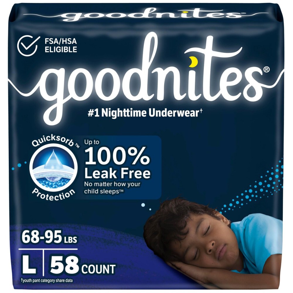 Goodnites Boys\' Nighttime Bedwetting Underwear, Size Large (68-95 lbs), 58 Ct (2 Packs of 29), Packaging May Vary