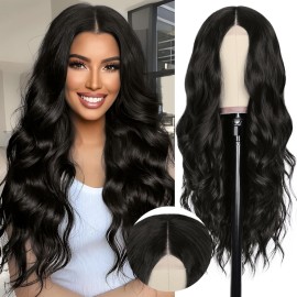 NAYOO Long Black Wavy Wig for Women 26 Inch Middle Part Lace Hairline Curly Wavy Wig Natural Looking Synthetic Heat Resistant Fiber for Daily Party Use