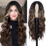 NAYOO Long Brown Mixed Blonde Wavy Wig for Women 26 Inch Middle Part Lace Hairline Curly Wavy Wig Natural Looking Synthetic Heat Resistant Fiber Wig for Daily Party Use