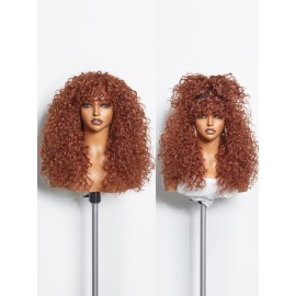 GORGIUS Veralux Blend Human Hair Ginger Curly Wig with Bangs Glueless Synthetic Curtain Bang Wigs with Realistic Scalp Put On and Go Beginner Friendly 20 Inch