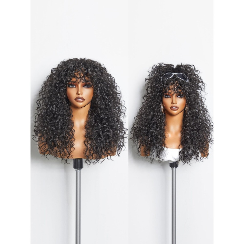 GORGIUS Veralux Blend Human Hair Glueless Curly Wig with Bangs Natural Black Synthetic Curtain Bang with Realistic Scalp Put On and Go 20 Inch
