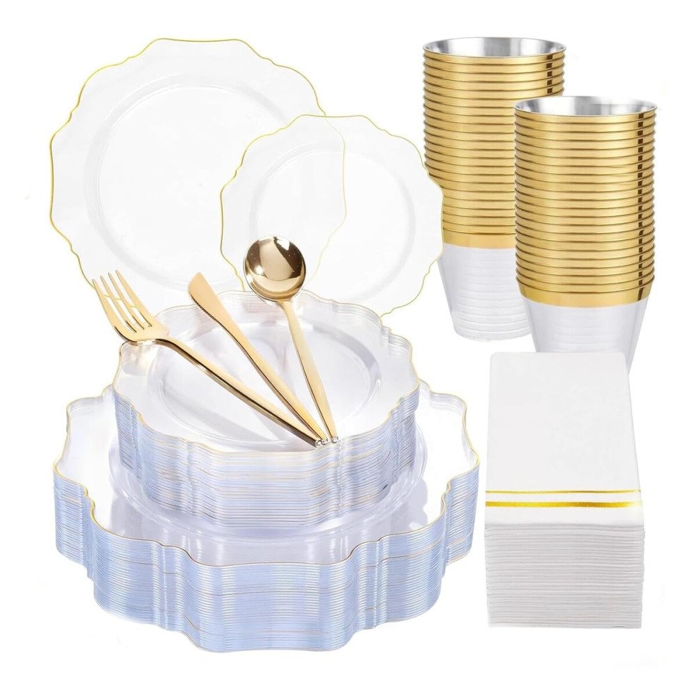 WDF 350Pcs Clear and Gold Plastic Plates - Heavy Duty Clear Plates Disposable - Gold Dinnerware Sets of 100 Plastic Plate 150Silverware 50 Cups 50 Napkins for Wedding/Party/Thanksgiving