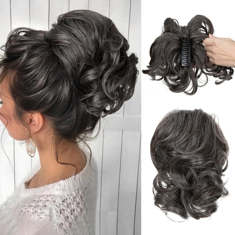 CJL HAIR Claw Clip Short Ponytail Hair Extensions DIY Bendable Metals Messy Bun Hair Piece for Wonen Wavy Curly Synthetic Fake Hairpieces Pepper Grey
