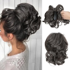 CJL HAIR Claw Clip Short Ponytail Hair Extensions DIY Bendable Metals Messy Bun Hair Piece for Wonen Wavy Curly Synthetic Fake Hairpieces Pepper Grey