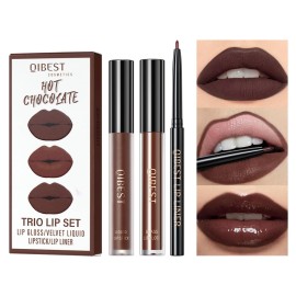 QiBest 3-in-1 Dark Red Lipstick Set for Women & Teen Girls, Matte Liquid Lipstick + Lip Gloss + Gel Lip Liner Pencil Trio Lip Gift Kit for 24 Hours Long Lasting & Waterproof Lip Makeup (Hot Chocolate)