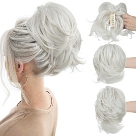 CJL HAIR Claw Clip Short Ponytail Hair Extensions DIY Bendable Metals Messy Bun Hair Piece for Wonen Straight Synthetic Fake Hairpieces White
