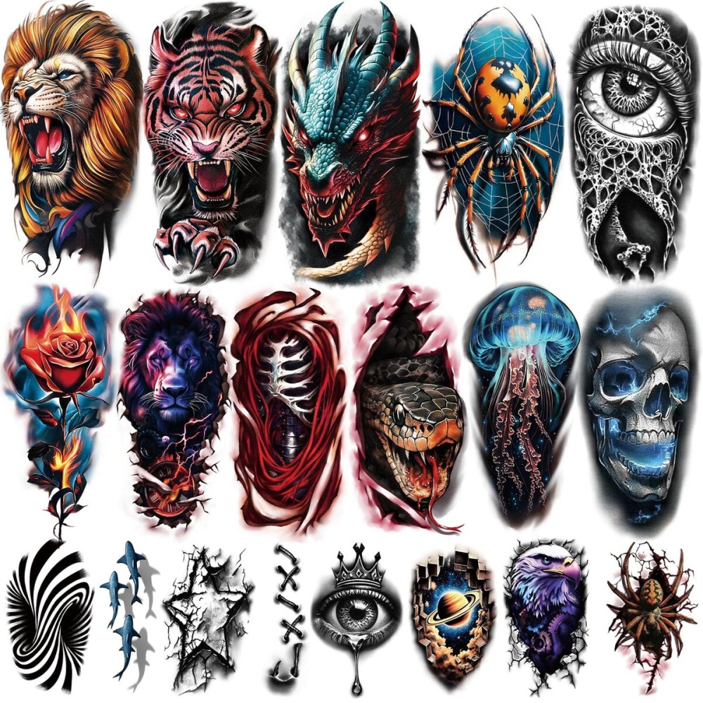 77 Sheets 3D Realistic Temporary Tattoos Adults Kids, Realistic Skull Tiger Wolf Lion Dragon Spider Snake Temporary Tattoos For Women Men, Half Arm 3D Halloween Temp Tattoos Look Real And Last Long