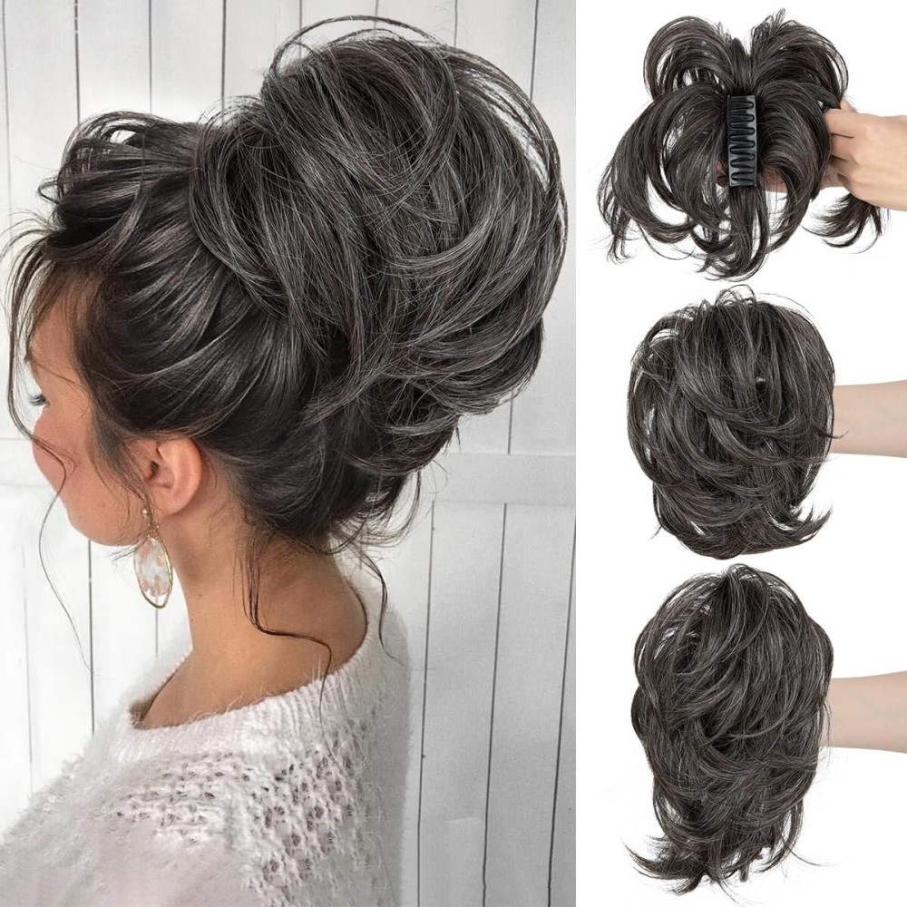 CJL HAIR Claw Clip Short Ponytail Hair Extensions DIY Bendable Metals Messy Bun Hair Piece for Wonen Straight Synthetic Fake Hairpieces Pepper Grey