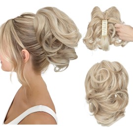 CJL HAIR Claw Clip Short Ponytail Hair Extensions DIY Bendable Metals Messy Bun Hair Piece for Wonen Wavy Curly Synthetic Fake Hairpieces Sunny Blonde