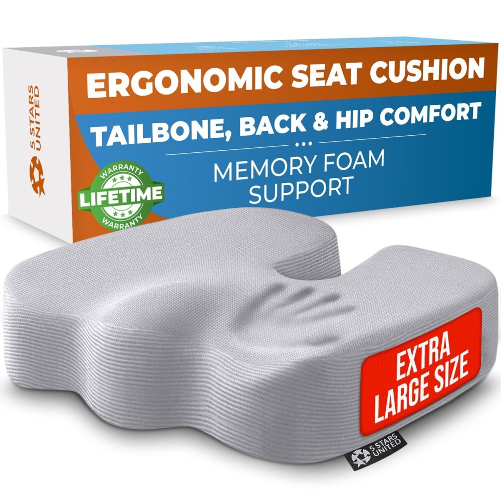 5 STARS UNITED Seat Cushion for Tailbone Pain Relief - Large Memory Foam Cushion for Coccyx, Hip, Sciatica & Post-Surgery Recovery - Wheelchair, Car, Desk, Gaming & Office Chairs, Light Gray